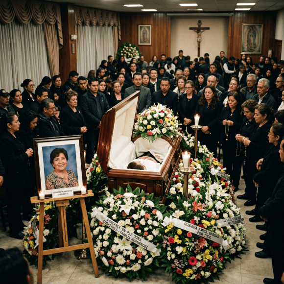 Funeral gathering around casket, portrait labeled Carmen Hernández, and Spanish memorial ribbons.